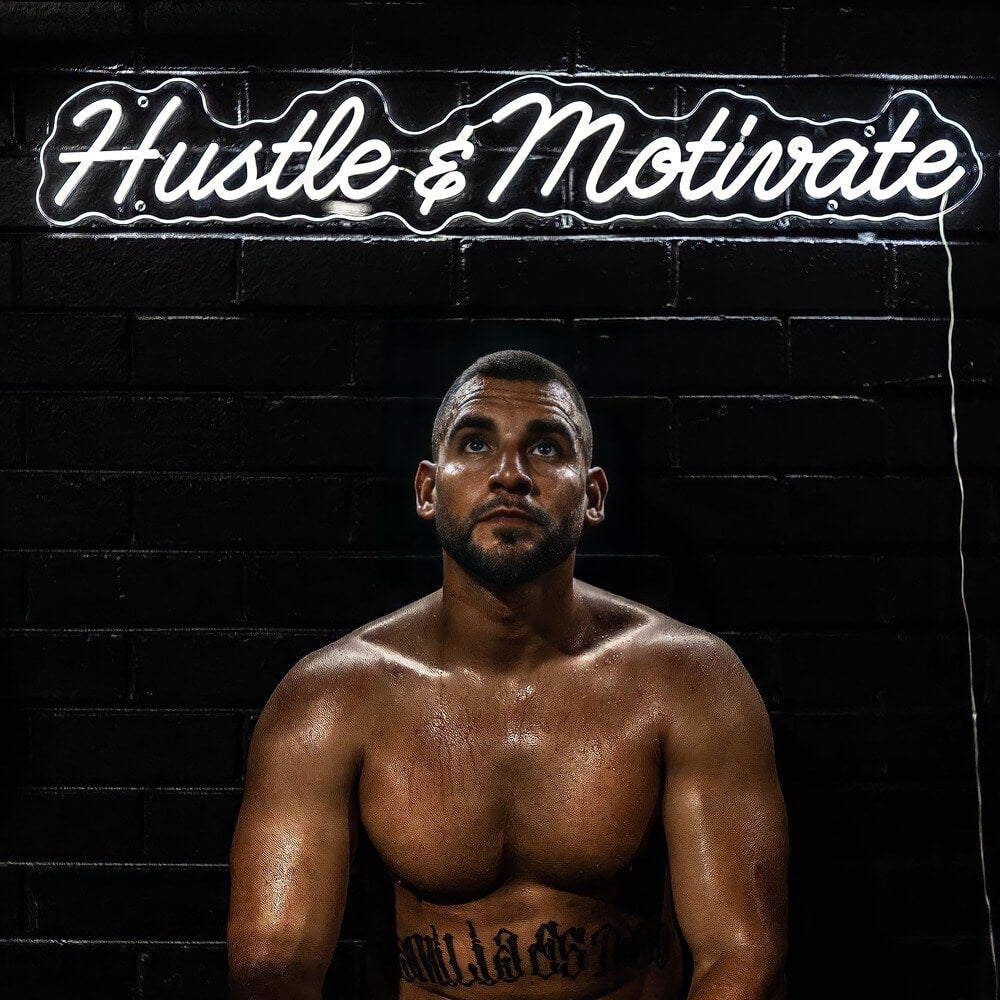 white hustle and motivate neon sign on gym wall