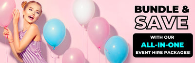 girl holding pink and blue balloons for end of year sale promotional banner