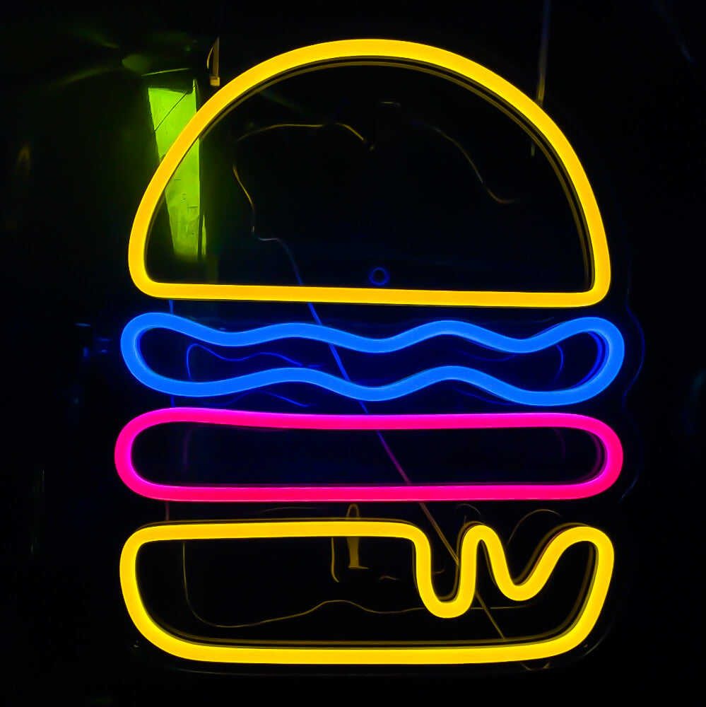 multicoloured burger neon sign