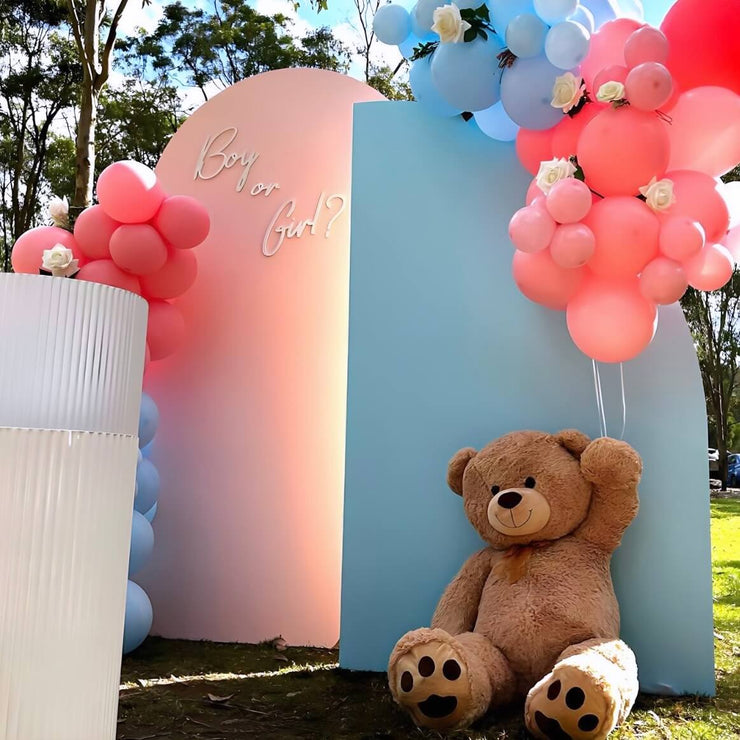 giant teddy bear sitting on ground holding pink and blue balloons at gender reveal party