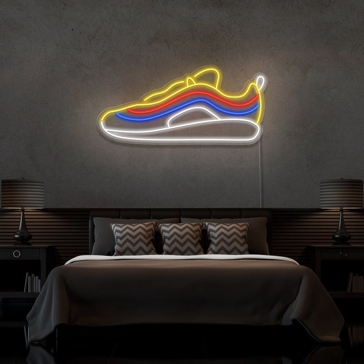 multicoloured air max 1 sw sneaker neon sign hanging on bedroom wall