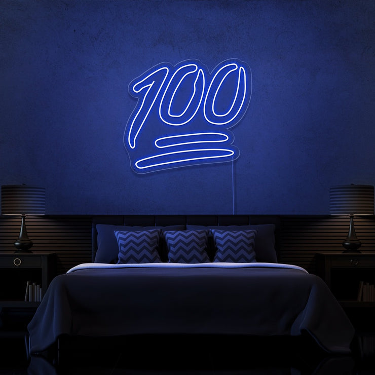 blue 100 neon sign hanging on bedroom wall