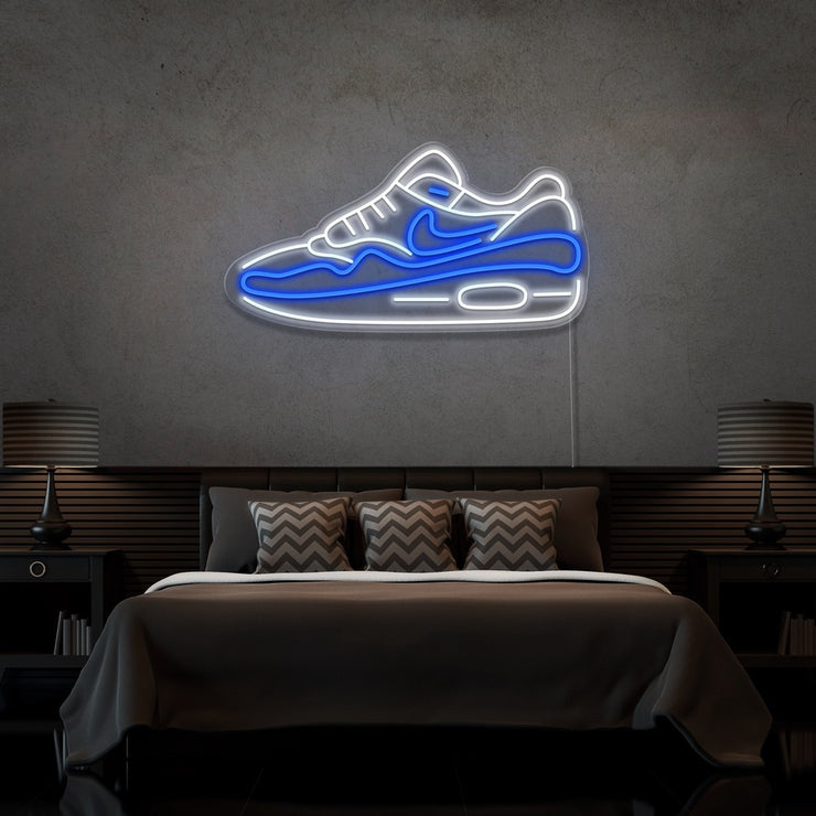 blue air max 1 sneaker neon sign hanging on bedroom wall