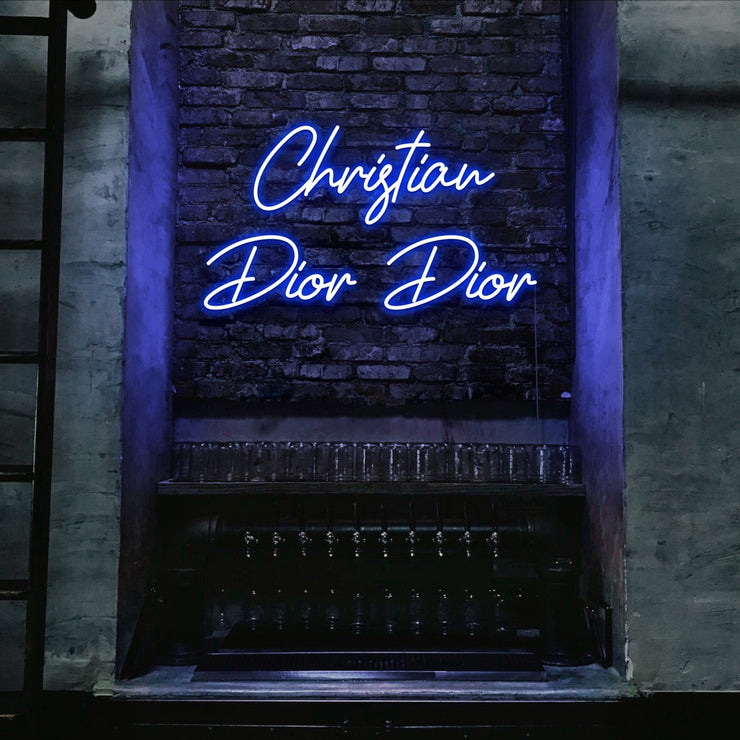 blue christian dior dior neon sign hanging on bar wall