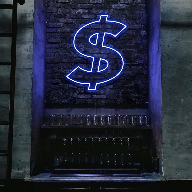 blue dollar neon sign hanging  on bar wall