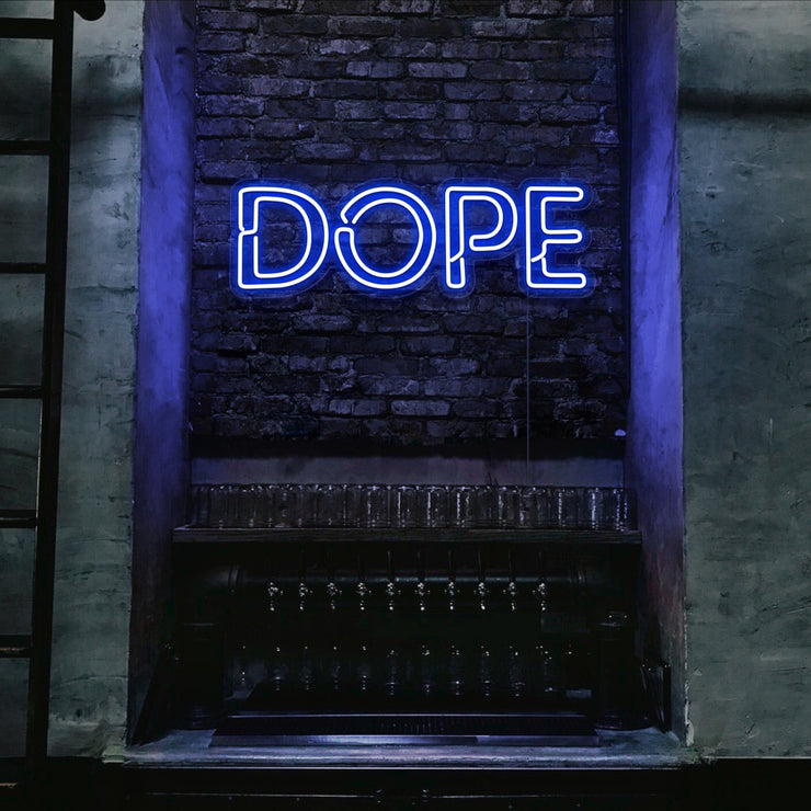 blue dope neon sign hanging on bedroom wall