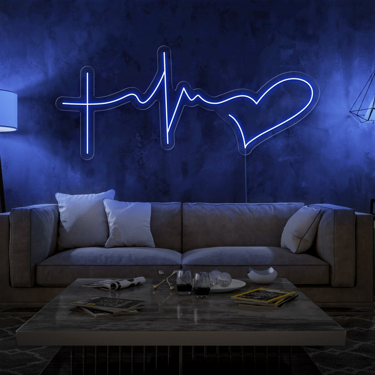 blue faith hope and love neon sign hanging on living room wall