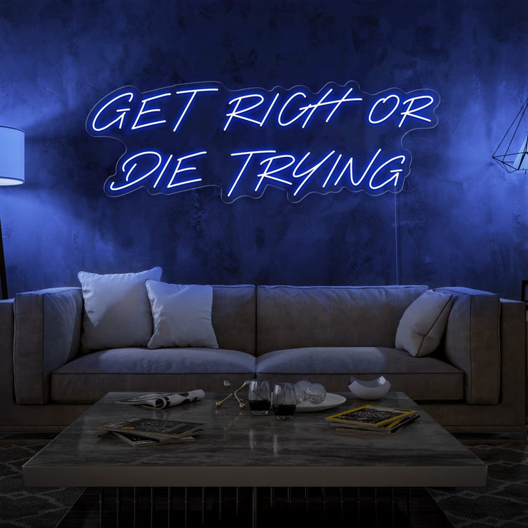 blue get rich or die trying neon sign hanging on living room wall