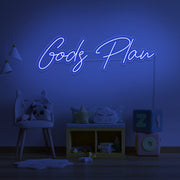 blue Gods plan neon sign hanging on kids bedroom wall