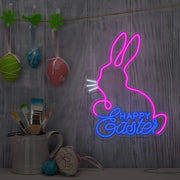 blue happy easter bunny neon sign hanging on wall