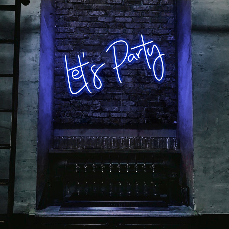 blue lets party neon sign hanging on bar wall