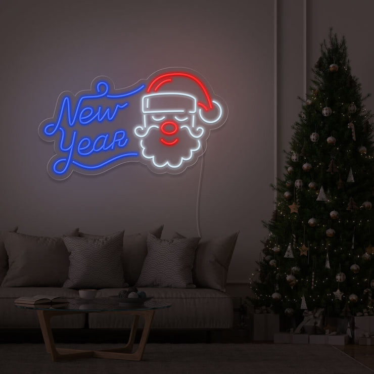 blue new year santa neon sign hanging on living room wall