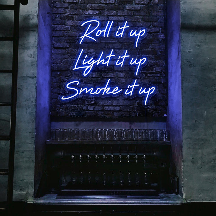 blue roll it up cypress hill neon sign hanging on bar wall