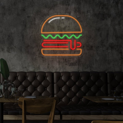 classic burger neon sign hanging on restaurant wall