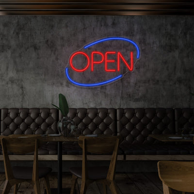 red and blue open neon sign hanging on restaurant wall