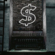  cold white dollar neon sign hanging on bar wall