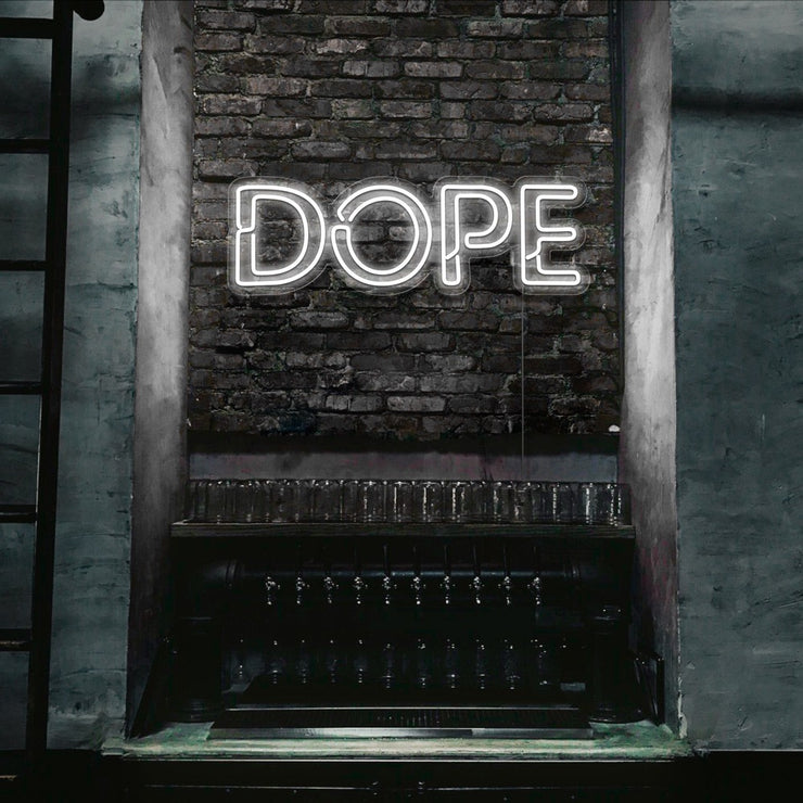 cold white dope neon sign hanging on bedroom wall