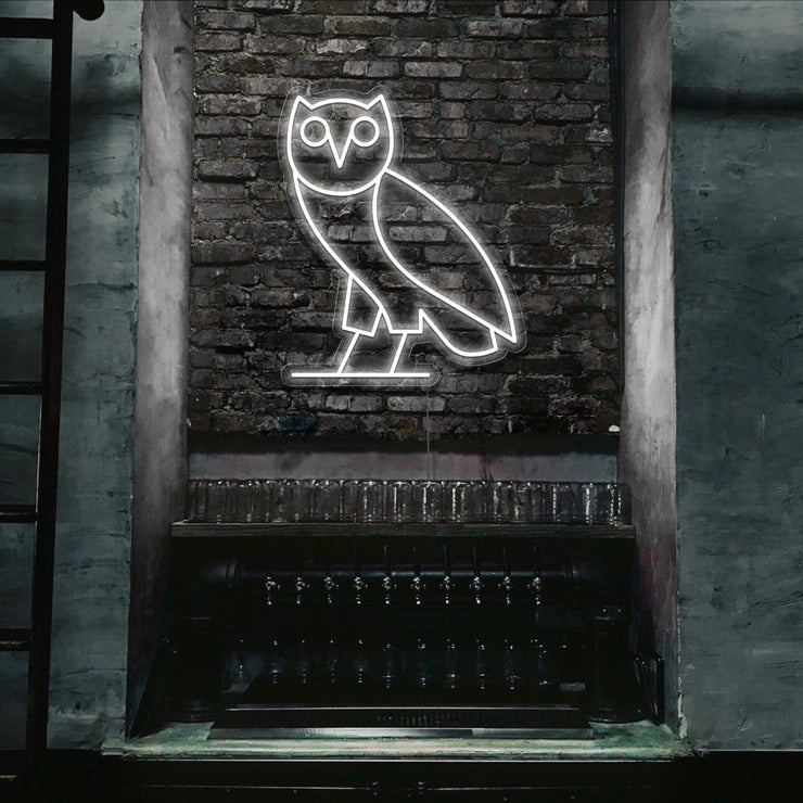 cold white drake ovo owl neon sign hanging on bar wall