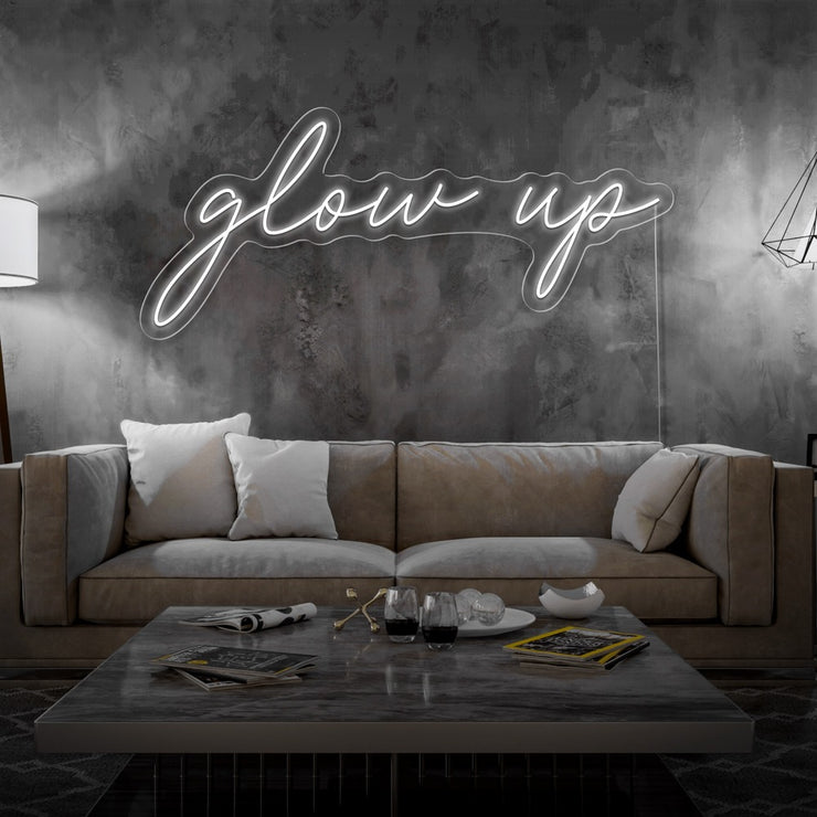 cold white glow up neon sign hanging on living room wall