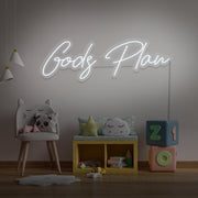 cold white Gods plan neon sign hanging on kids bedroom wall