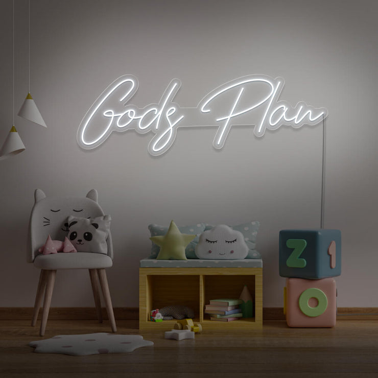 cold white Gods plan neon sign hanging on kids bedroom wall