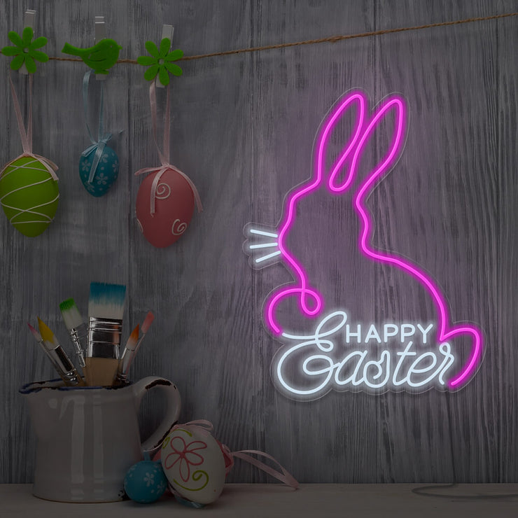 cold white happy easter bunny neon sign hanging on wall
