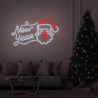 cold white new year santa neon sign hanging on living room wall