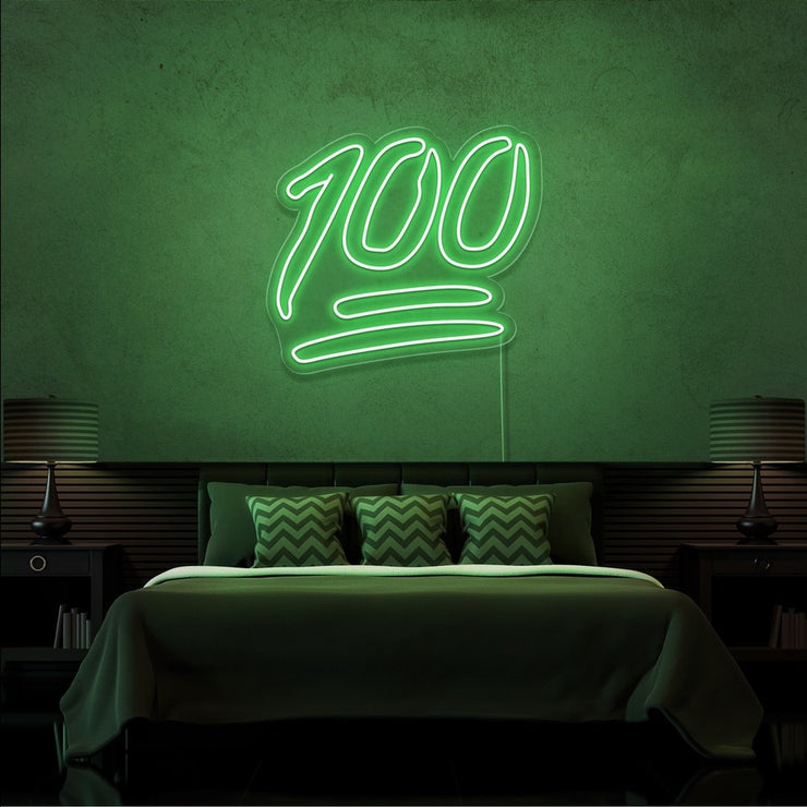 green 100 neon sign hanging on bedroom wall