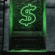 green dollar neon sign hanging on bar wall