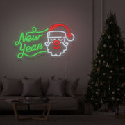 green new year santa neon sign hanging on living room wall
