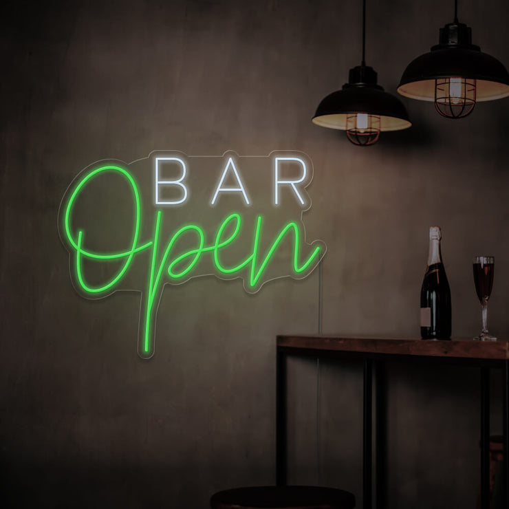 green open bar neon sign hanging on bar wall
