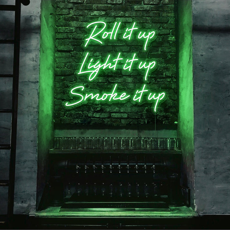 green roll it up cypress hill neon sign hanging on bar wall