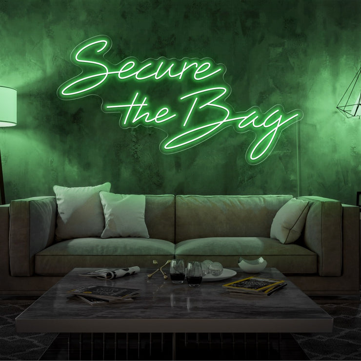 green secure the bag neon sign hanging on living room wall