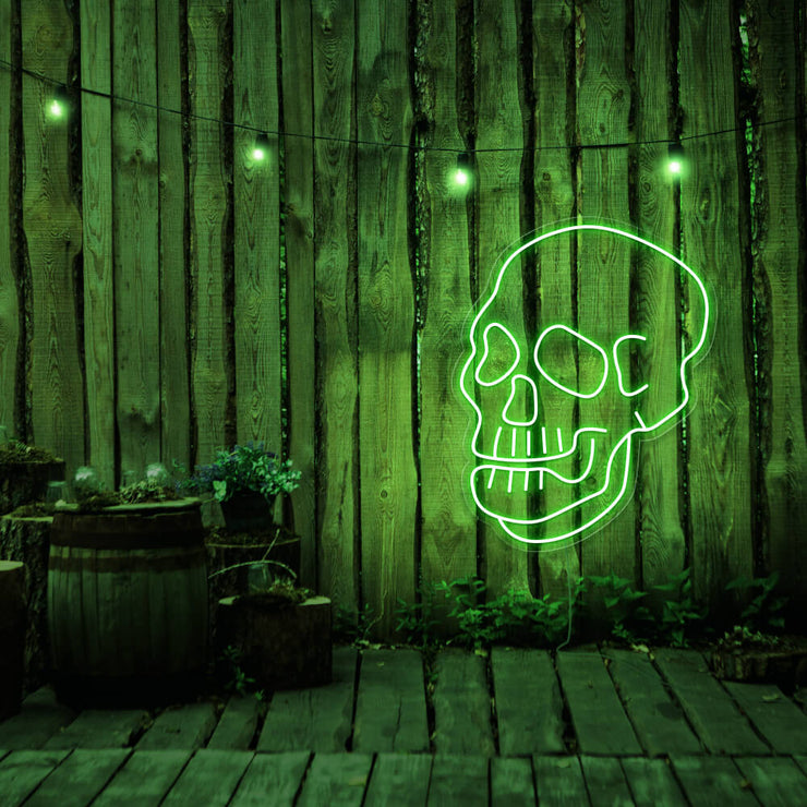 green skull neon sign hanging on timber fence