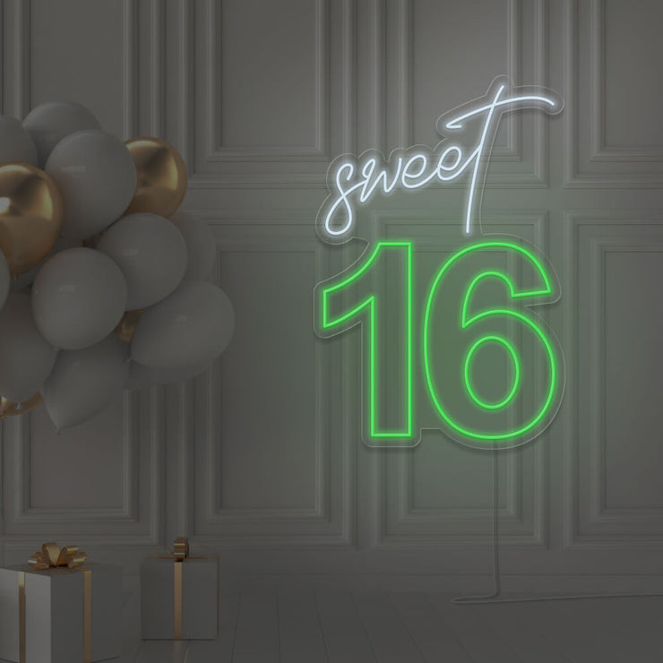 green sweet 16 neon sign hanging on wall