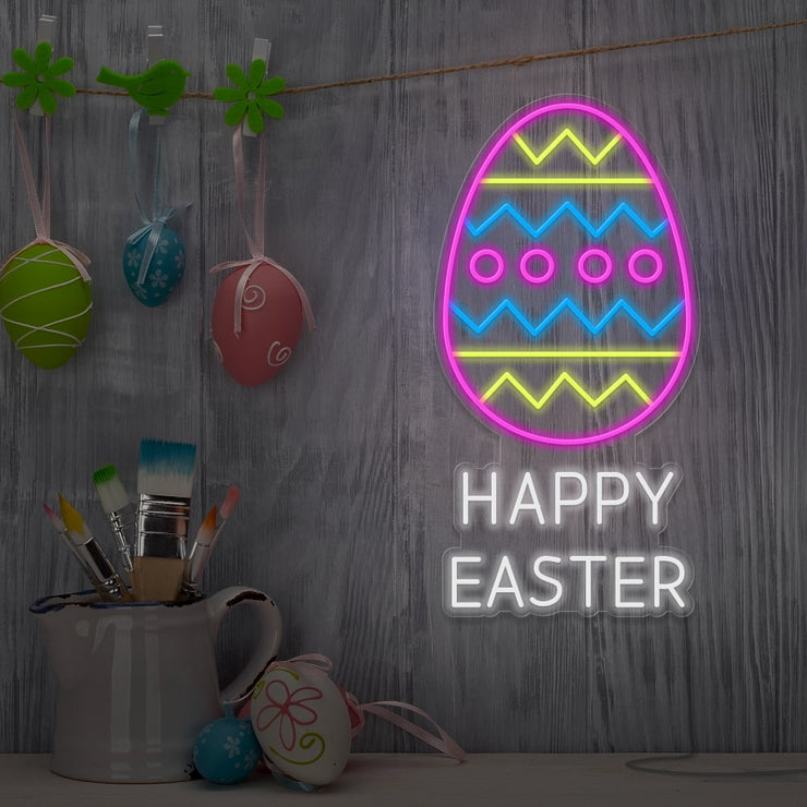 hot pink happy easter egg neon sign hanging on wall