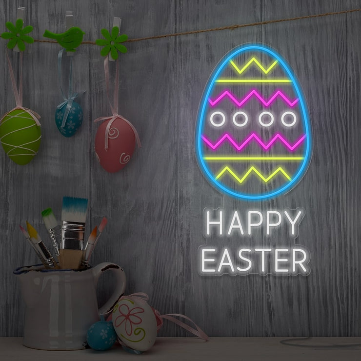 ice blue happy easter egg neon sign hanging on wall