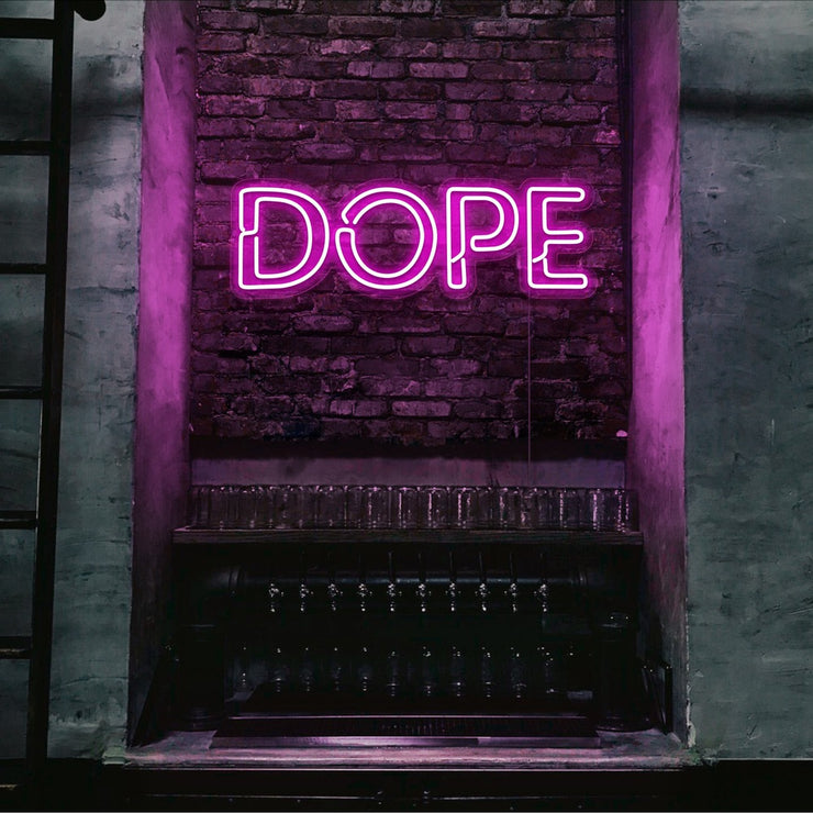 hot pink dope neon sign hanging on bedroom wall