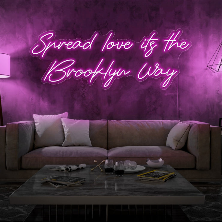 hot pink spread love the brooklyn way neon sign hanging on living room wall