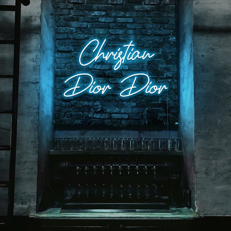 ice blue christian dior dior neon sign hanging on bar wall