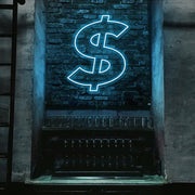 ice blue dollar neon sign hanging on bar wall