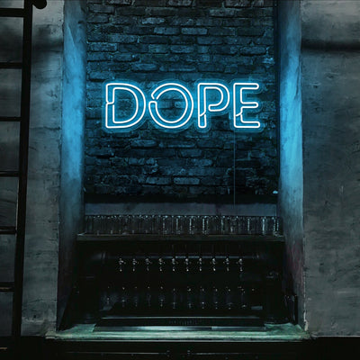 ice blue dope neon sign hanging on bedroom wall