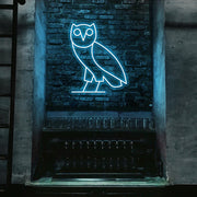 ice blue drake ovo owl neon sign hanging on bar wall