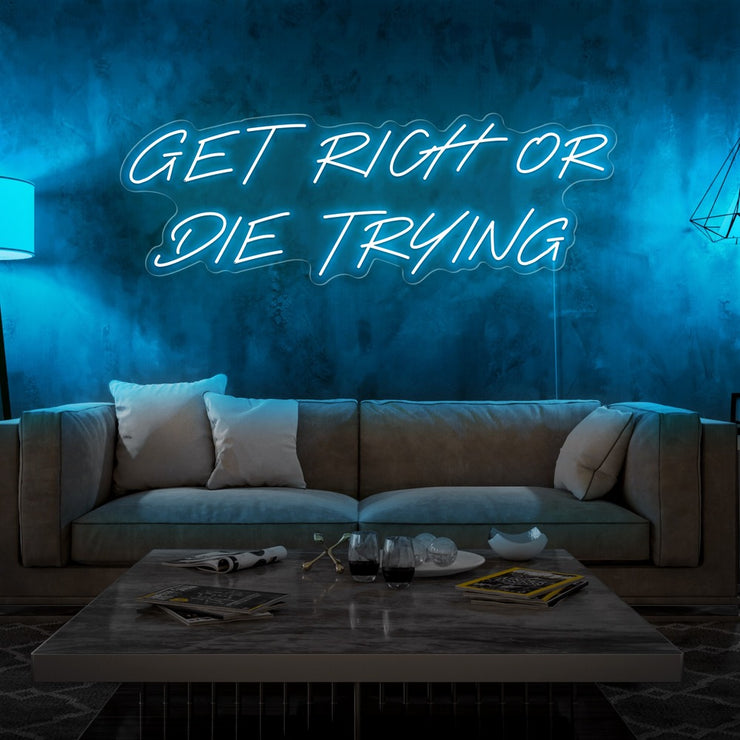 ice blue get rich or die trying neon sign hanging on living room wall