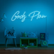 ice blue Gods plan neon sign hanging on kids bedroom wall