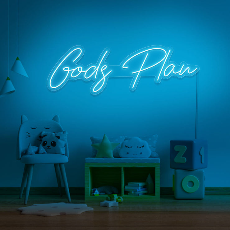 ice blue Gods plan neon sign hanging on kids bedroom wall