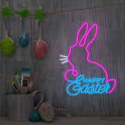 ice blue happy easter bunny neon sign hanging on wall