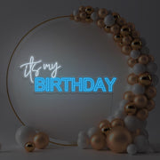 ice blue it's my birthday neon sign hanging in gold hoop backdrop with balloons