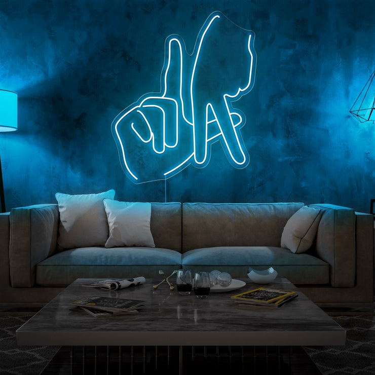 ice blue LA fingers neon sign hanging on living room wall