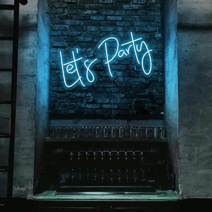 ice blue lets party neon sign hanging on bar wall